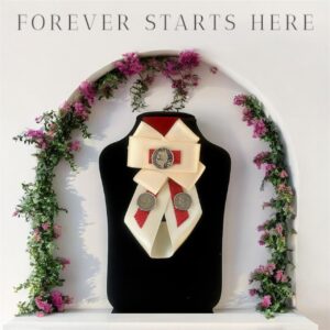 Crimson Coin Trio – Soft Red & Ivory Brooch with Vintage Coins