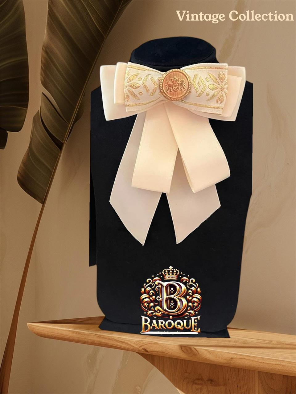 Luxury Ivory Brooch: Handmade Indian Fabric Bow Pin with Gold Texture and Classic Golden Centerpiece - Image 2