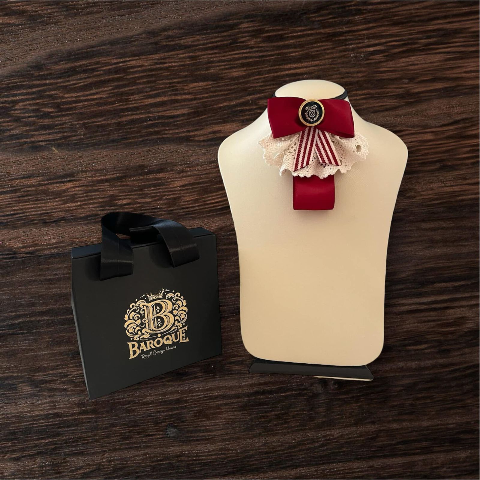 Burgundy Stripe Bow Brooch: Handmade Textured Satin Pin with Ivory Crochet and Swarovski Crystal Center - Image 2