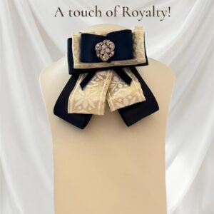 Regal Blue & Gold Multi-Layer Bow Brooch: Handmade Ivory & Navy Satin Pin with Vintage Studded Centerpiece