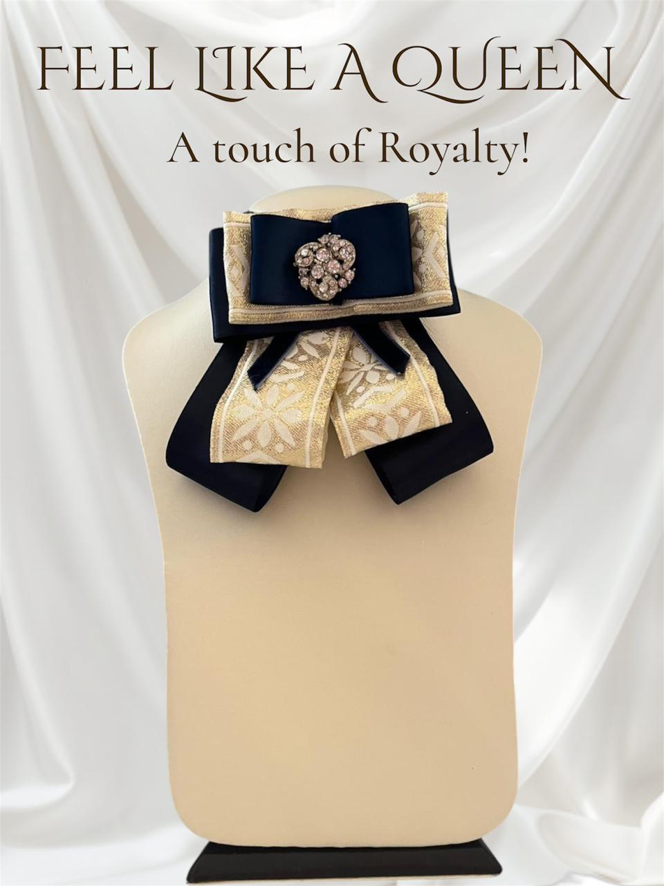Regal Blue & Gold Multi-Layer Bow Brooch: Handmade Ivory & Navy Satin Pin with Vintage Studded Centerpiece