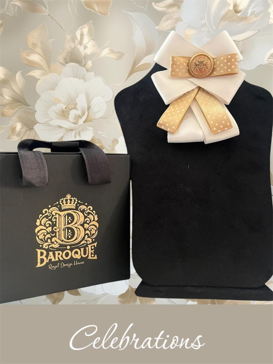 Ivory and Beige Polka-Dot Bow Brooch, Crowned with Gold Centerpiece - Image 2