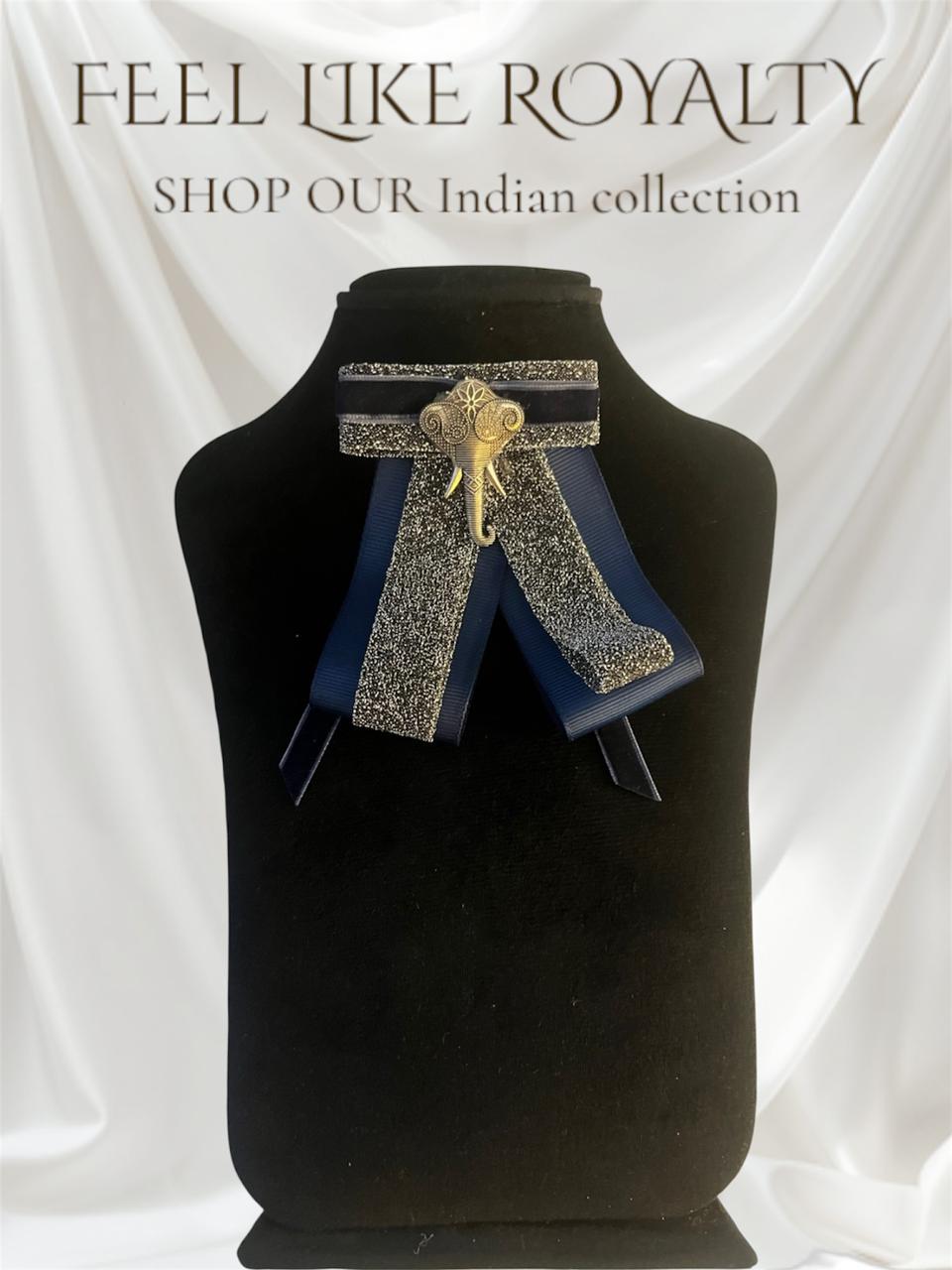 Indian Fabric Elephant Brooch: Handmade Dark Blue & Silver Bow Pin with Cultural Silver Centerpiece - Image 2
