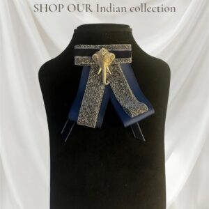 Indian Fabric Elephant Brooch: Handmade Dark Blue & Silver Bow Pin with Cultural Silver Centerpiece
