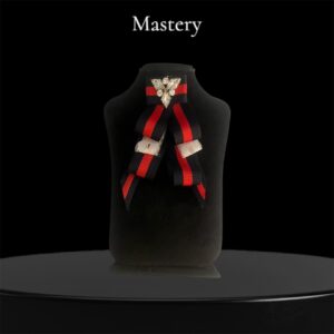 Designer Style Bow Brooch: Handmade Navy & Red Satin Lapel Pin with White Lace and Big Stud Center