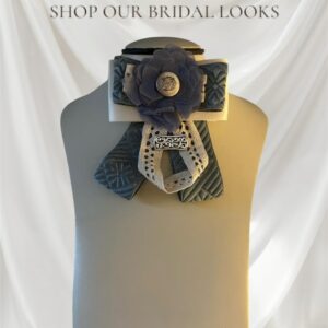 Royal Baroque Grey & Ivory Bow Brooch: Handmade Satin Pin with Crochet, Chiffon Flower, and Silver Pendant