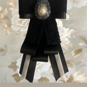 Statement Black Brooch: Handmade Large Satin & Lace Pin with Mother of Pearl Centerpiece