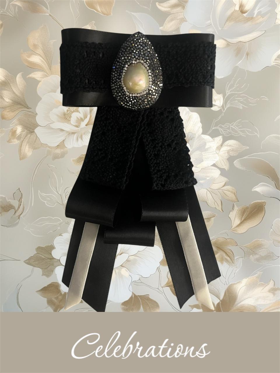 Statement Black Brooch: Handmade Large Satin & Lace Pin with Mother of Pearl Centerpiece