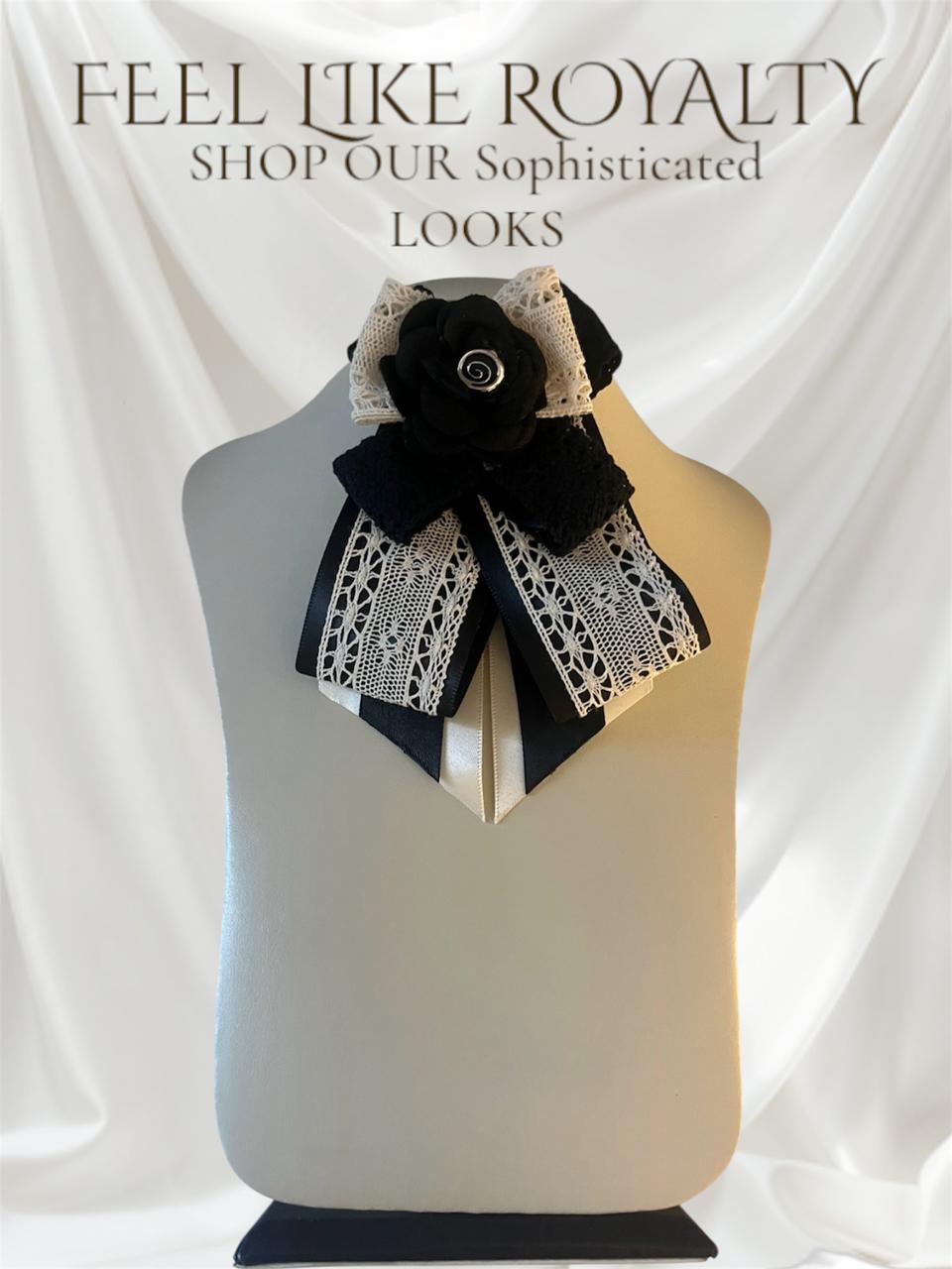 Gothic Lace Brooch: Handmade Black Satin Pin with Crème Crochet and Elegant Flower Centerpiece