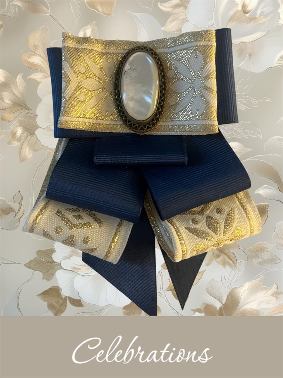 Dark Blue & Ivory Bow Brooch - Handmade Mother of Pearl Pin - Image 4