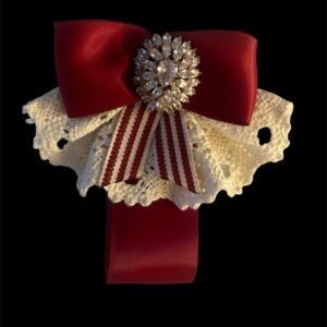 Burgundy Stripe Bow Brooch: Handmade Textured Satin Pin with Ivory Crochet and Swarovski Crystal Center