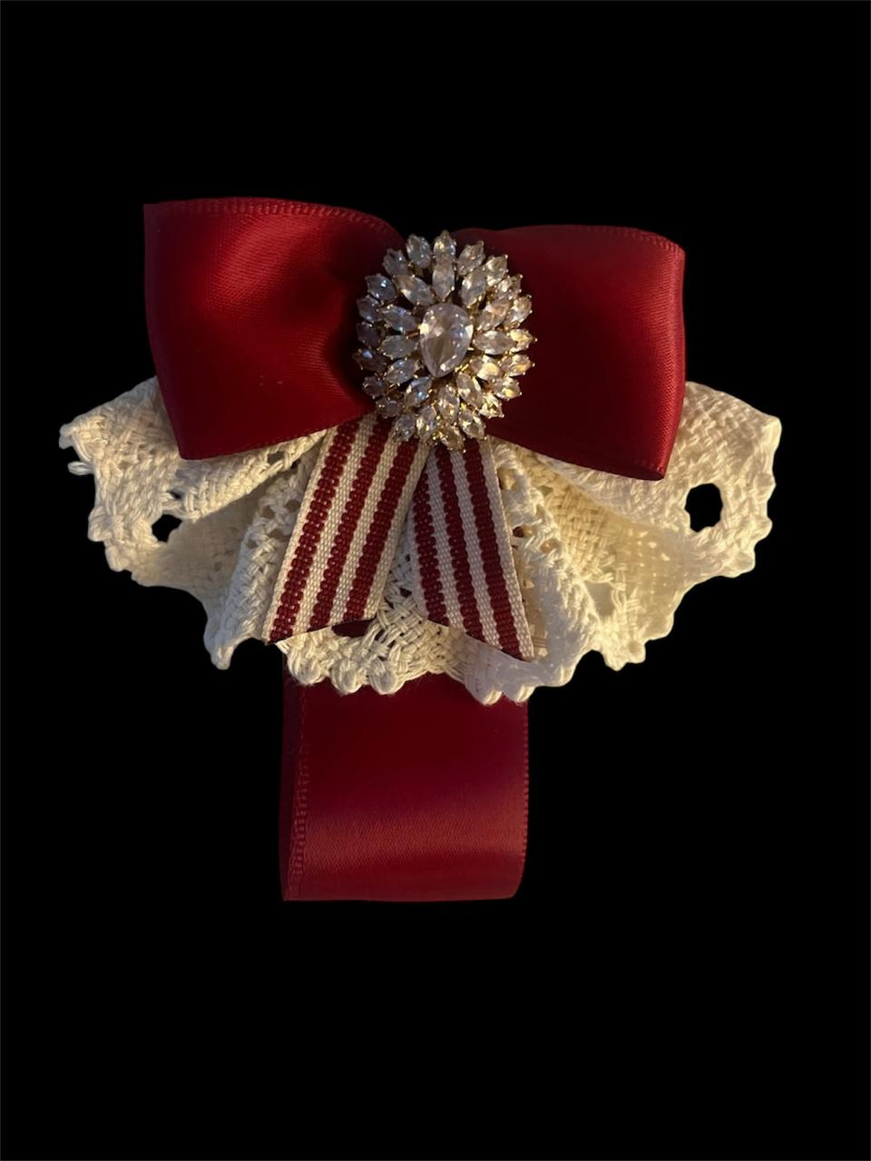 Burgundy Stripe Bow Brooch: Handmade Textured Satin Pin with Ivory Crochet and Swarovski Crystal Center