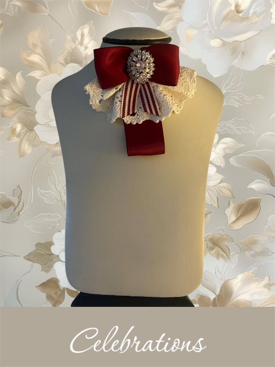 Burgundy Stripe Bow Brooch: Handmade Textured Satin Pin with Ivory Crochet and Swarovski Crystal Center - Image 4