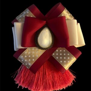 Vintage Polka Dot Brooch: Handmade Burgundy & Ivory Satin Bow Pin with Mother of Pearl and Copper Center