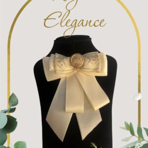 Luxury Ivory Brooch: Handmade Indian Fabric Bow Pin with Gold Texture and Classic Golden Centerpiece