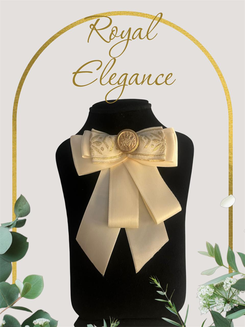 Luxury Ivory Brooch: Handmade Indian Fabric Bow Pin with Gold Texture and Classic Golden Centerpiece