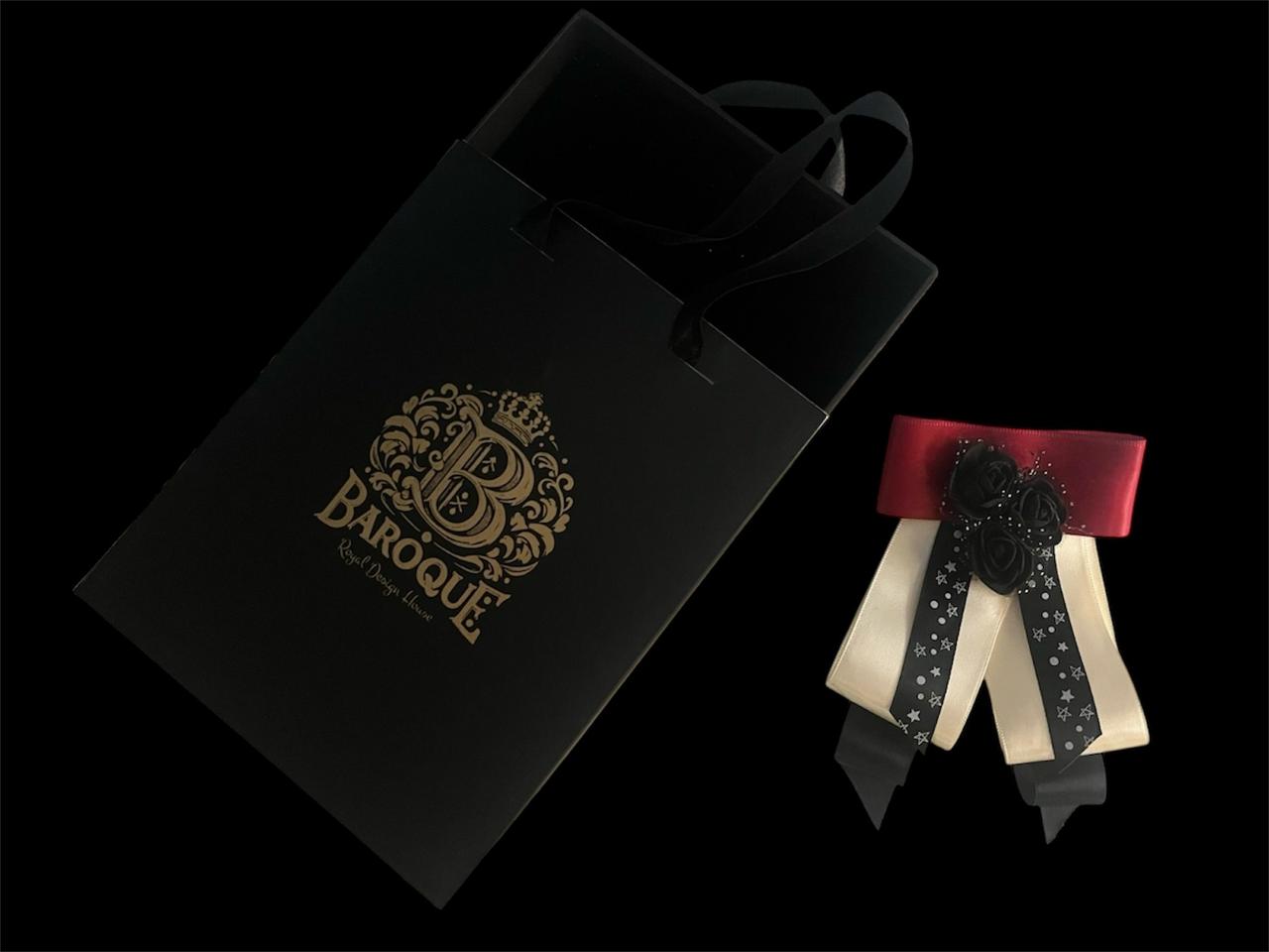 High-Contrast Bow Brooch: Handmade Black, Red & Ivory Satin Pin with Elegant Black Trio Flower Center - Image 2