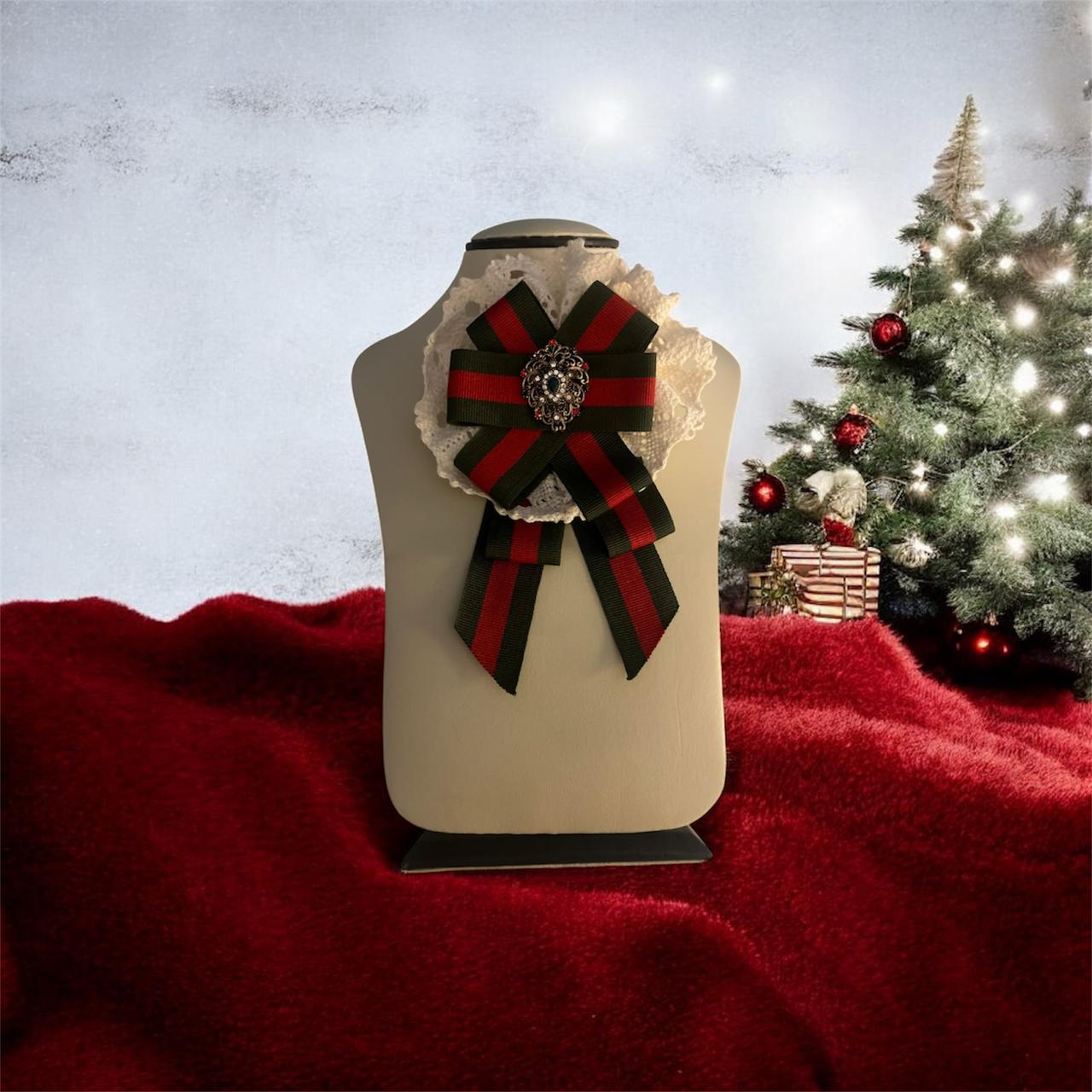 Vintage Christmas Bow Brooch: Handmade Red & Green Fabric Pin with Crochet Texture and Studded Centerpiece - Image 3