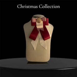 Christmas Eve Brooch: Handmade Red and Ivory Satin Bow Pin with Luxurious Golden Centerpiece