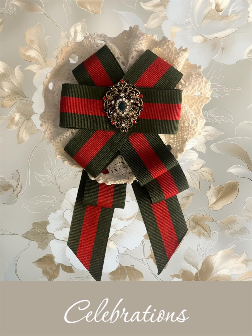 Vintage Christmas Bow Brooch: Handmade Red & Green Fabric Pin with Crochet Texture and Studded Centerpiece - Image 4