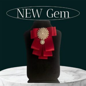 Luxury Red Satin Bow Brooch: Handmade Vintage-Style Lapel Pin with Big Studded Round Centerpiece