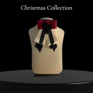 High-Contrast Bow Brooch: Handmade Black, Red & Ivory Satin Pin with Elegant Black Trio Flower Center