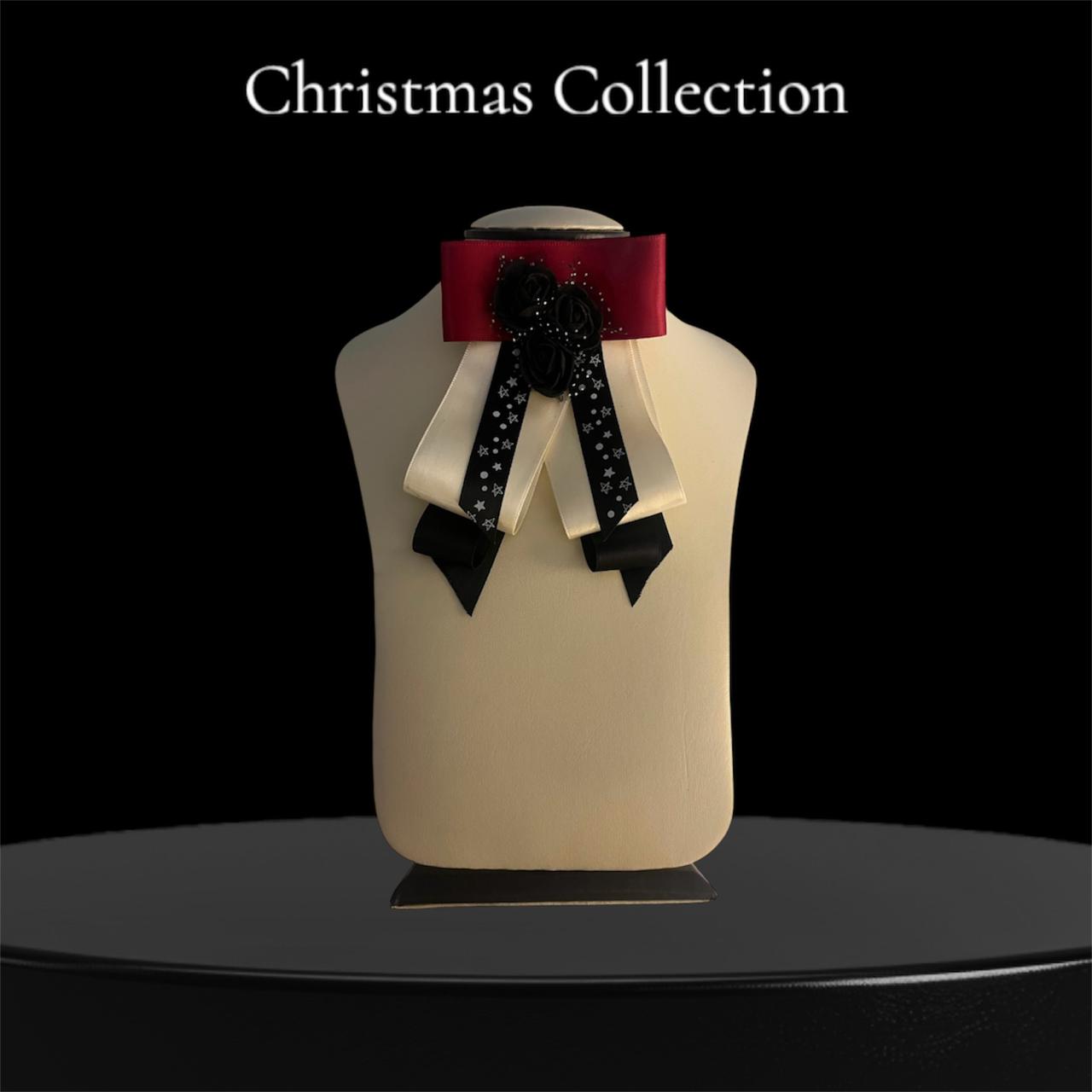 High-Contrast Bow Brooch: Handmade Black, Red & Ivory Satin Pin with Elegant Black Trio Flower Center