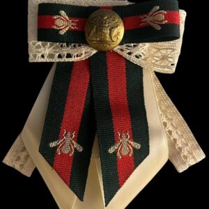 Vintage Holiday Brooch: Handmade Green & Burgundy Striped Pin with Ivory Crochet and Golden Centerpiece