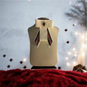 Emerald Christmas Brooch: Handmade Ivory Bow Pin with Burgundy & Green Accents and Jewel Centerpiece