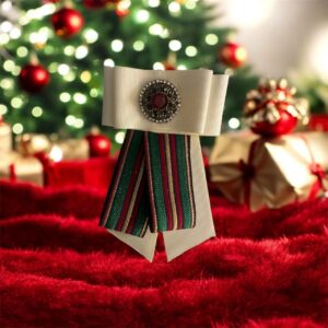 Luxury Christmas Bow Brooch: Handmade Christmas Red & Green Fabric Pin with Vintage Rounded Stud-Full Centerpiece