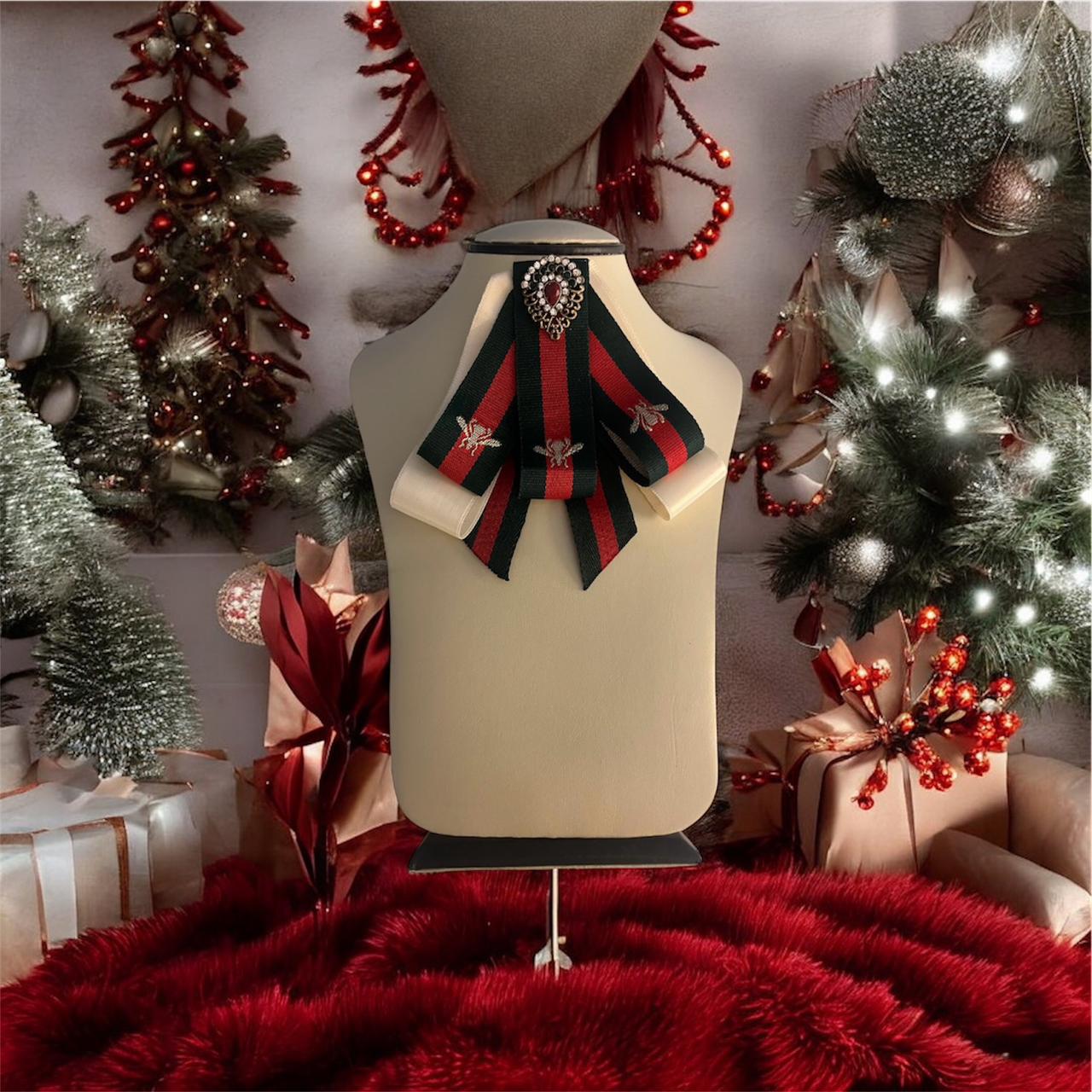 Heirloom Christmas Brooch: Handmade Fabric Lapel Pin (Red & Forest Green) with Antique Studded Detail - Image 4