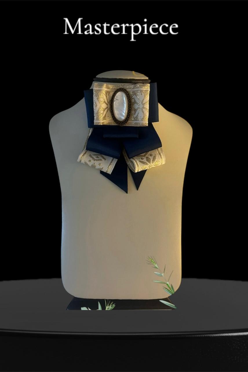 Dark Blue & Ivory Bow Brooch - Handmade Mother of Pearl Pin - Image 3