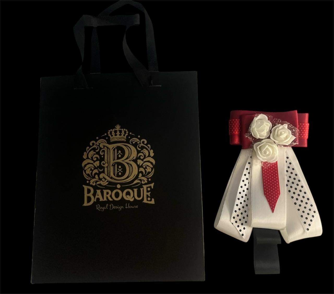 Romantic Red & White Polka Dot Bow Brooch: Handmade Satin Lapel Pin with Sweet White Baby Flowers - Image 3