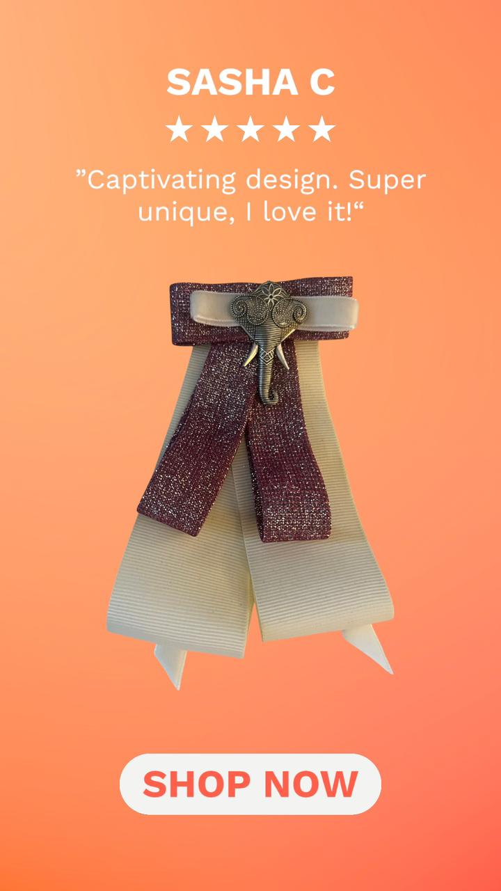 Dark Pink Indian Fabric Bow Brooch with Silver Elephant Centerpiece - Image 5