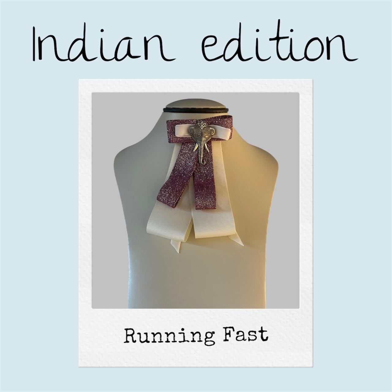 Dark Pink Indian Fabric Bow Brooch with Silver Elephant Centerpiece