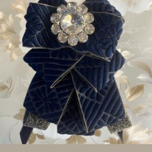 Luxury Dark Blue Velvet Bow Brooch - Handmade Navy Blue Lapel Pin with Big Studded Flower Center