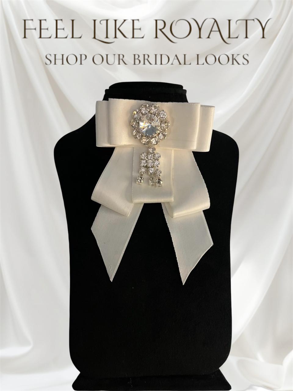 White Satin Bridal Handmade Bow Brooch - Elegant Angel Look Formal Pin